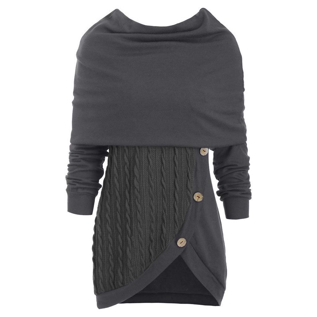 Women's Plus Size High Neck Hooded Knit Sweater with Button Detail