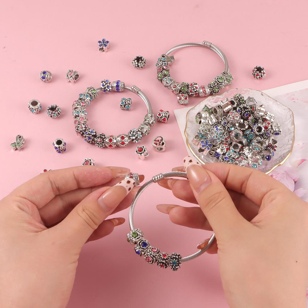 10pcs Colorful Antique Silver Rhinestone Spacer Beads Large-Hole Crystal Glass European-Style Beads for DIY Snake Chain Jewelry