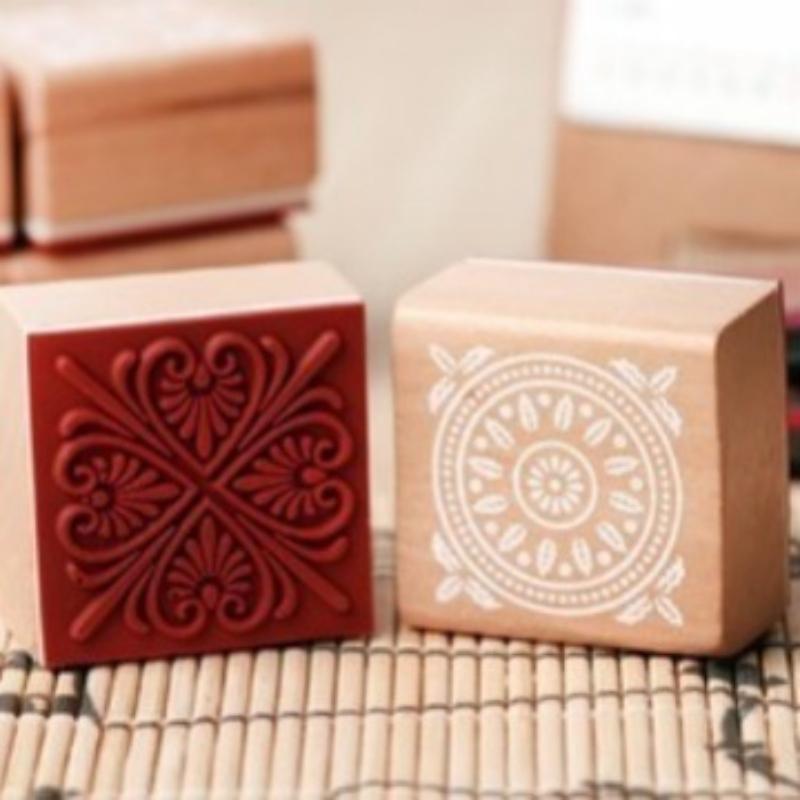 Office School Supplies Classic Wood Vintage Square Lace Seal Pack of 6 Kawai stationery lovely Assorted Stamp