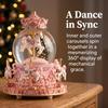 Snow globe music box with colored LED lights, merry-go-round, crystal ball, and automatic snowfall. Popular as a birthday or Christmas gift for girls,