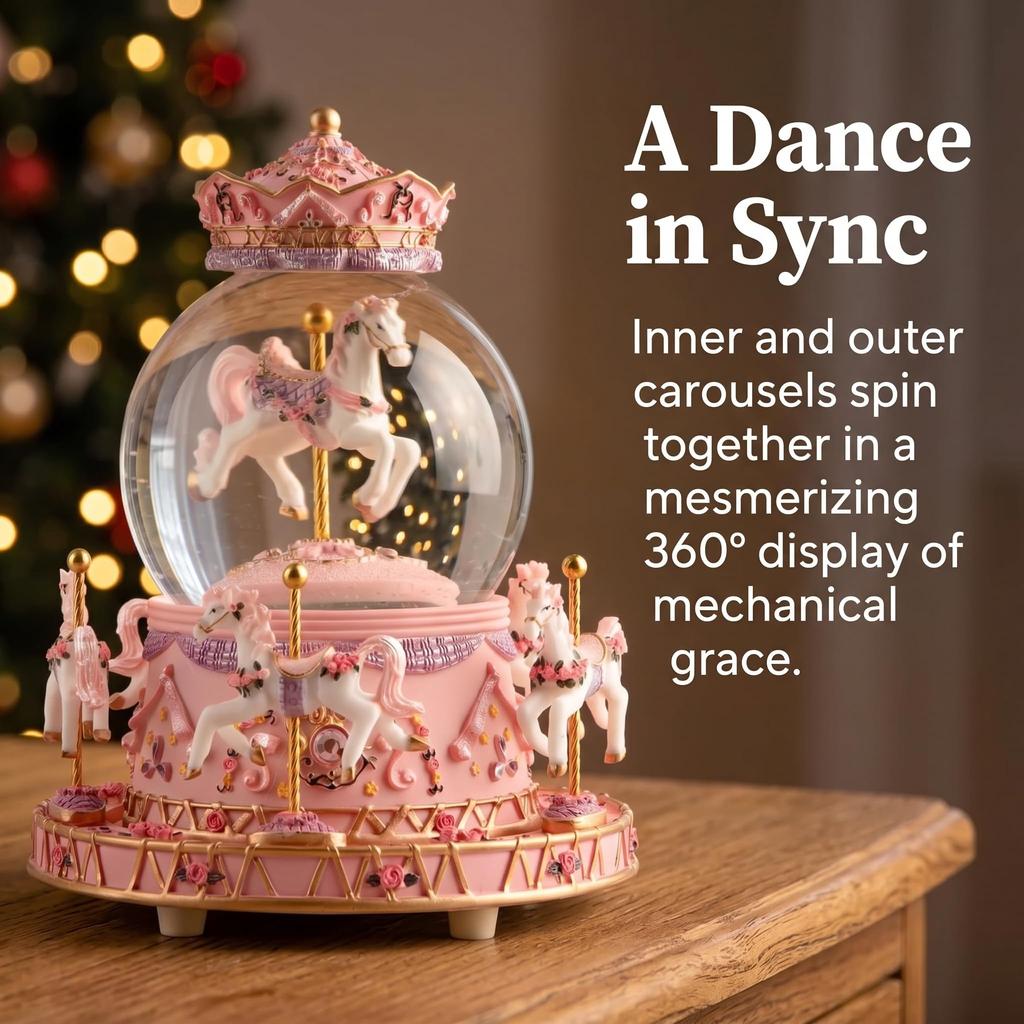 Snow globe music box with colored LED lights, merry-go-round, crystal ball, and automatic snowfall. Popular as a birthday or Christmas gift for girls,