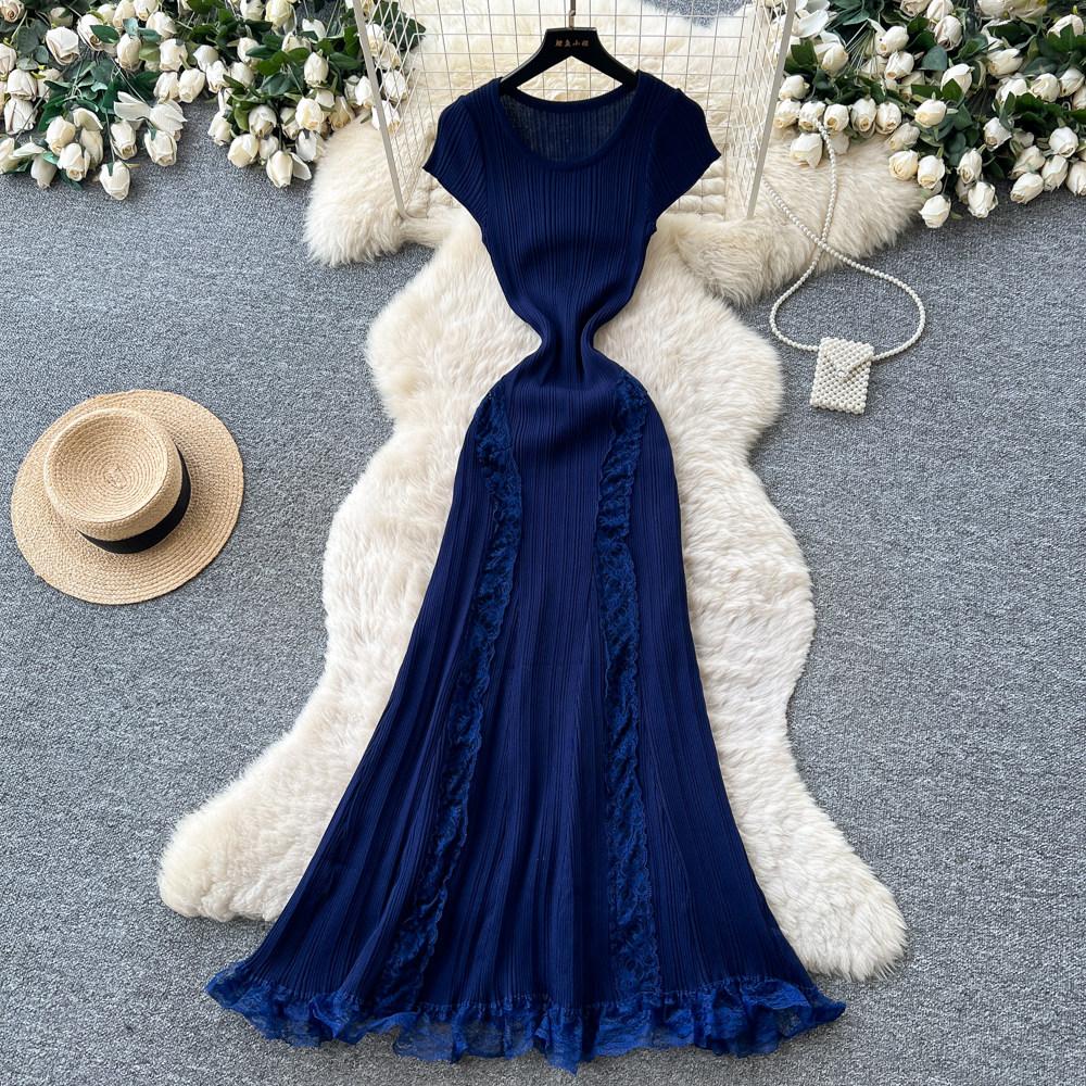 Elegant Lace Patchwork Knitted Midi Long Dress Women Chic Short Sleeve Ruffles Slim Fit Dresses 2026 Casual Daily Office Outfit