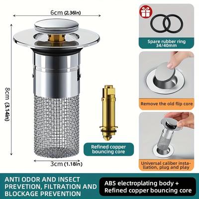 1pcs Stainless Steel Bathroom Sink Plug Stopper, Sink Drain Strainer, Pop-Up Basin Anti-Odor Bouncing Core Stopper Filter, Bathroom Accessories,