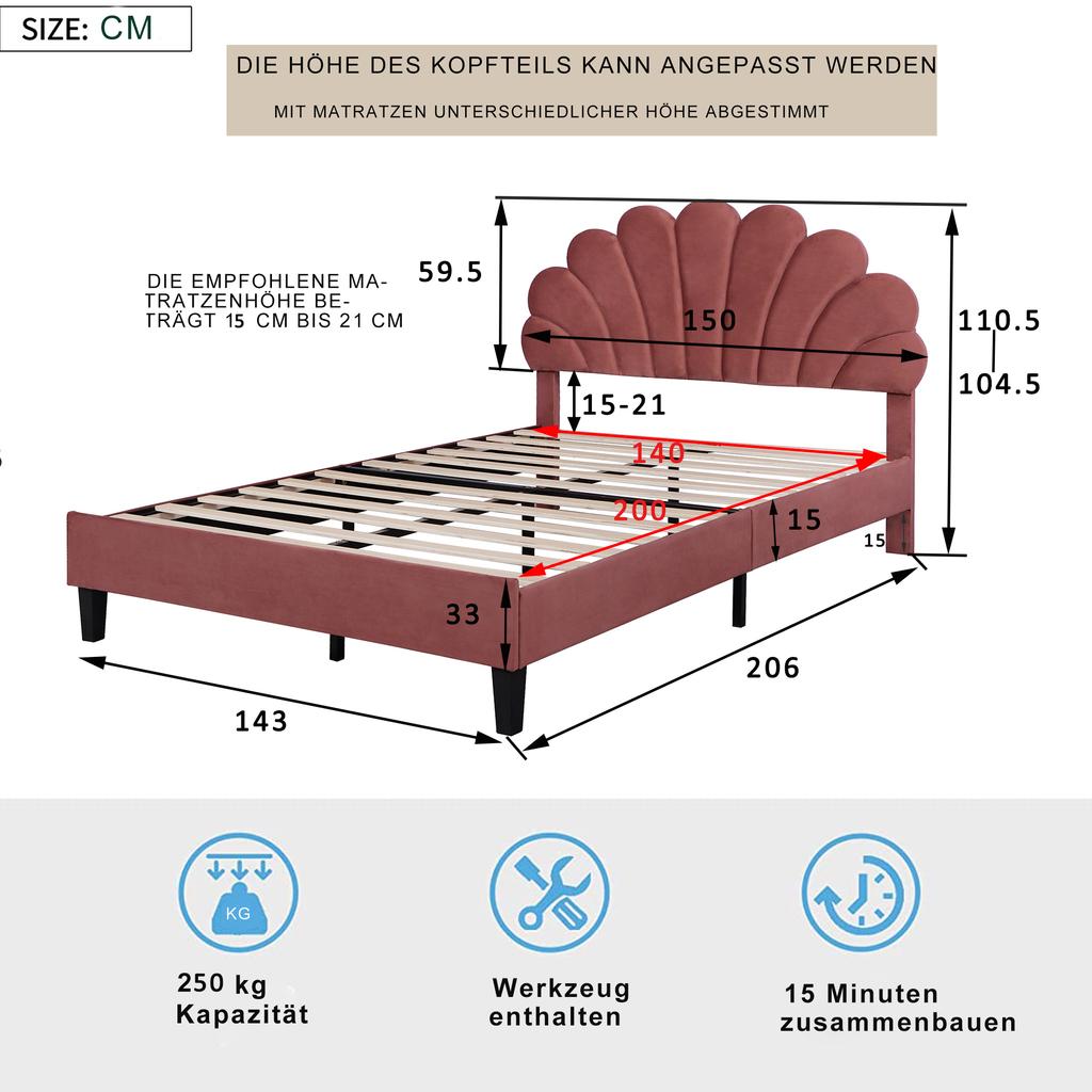 Letto Matrimoniale Imbottito 140 x 200 cm, Struttura Letto con Testiera a Forma di Fiore e Rete a Doghe, Adulto-Ragazzo, Velluto Amico della Pelle, Letto per Ospiti, Rosso Fagiolo