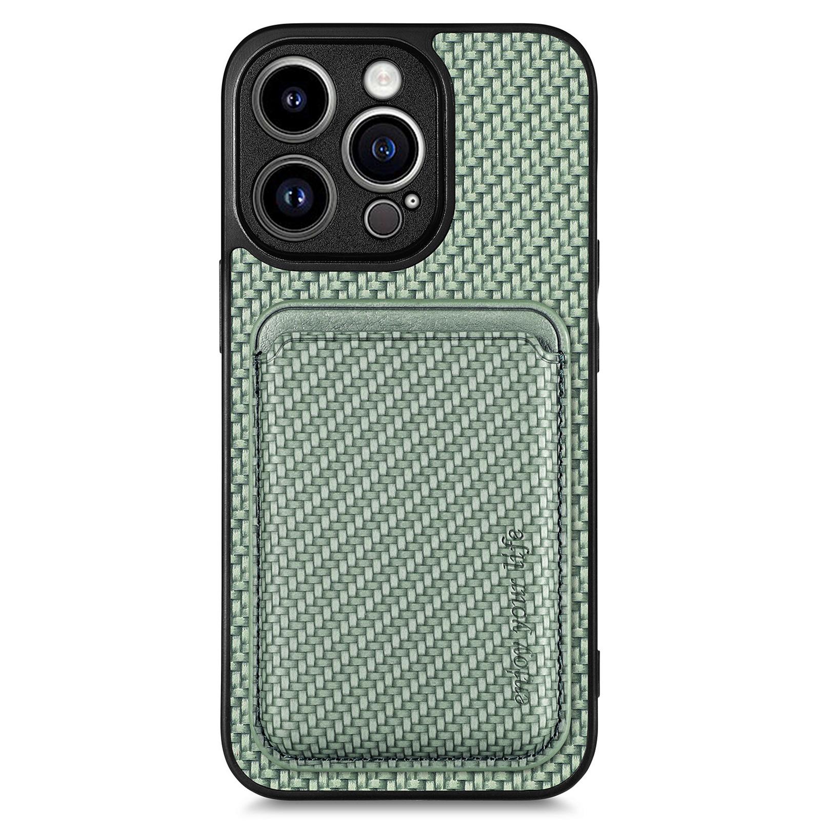 

Detachable Magnetic Card Holder Phone Case for iPhone 15 Pro,Carbon Fiber PU Leather Coated PC+TPU Cover Green