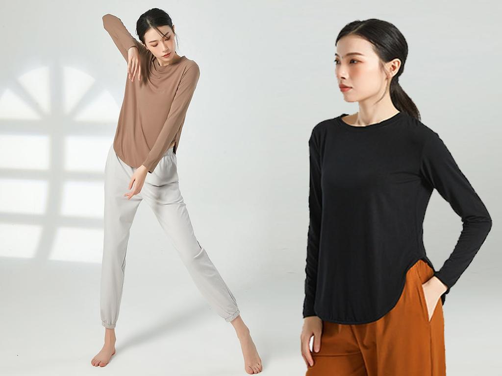 Yuoku Long Sleeve Ballet Practice Stretch Blouse with Slit and Round Perfect for Classical and Ballroom and Refreshing Solid Color Women's T-Shirt,
