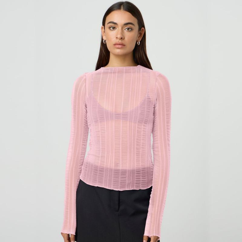 Dámský sexy top s průstřihy, kulatým výstřihem, jednobarevný, průsvitný, s dlouhým rukávem