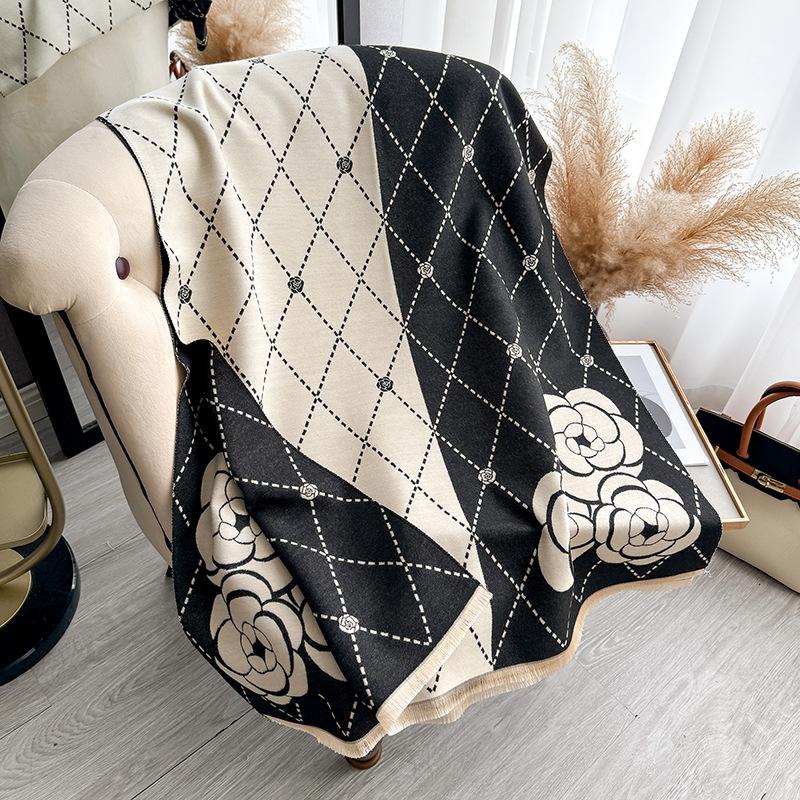 Camellia Imitation Cashmere Scarf Women'S Versatile Thickened Warm Student Scarf Shawl