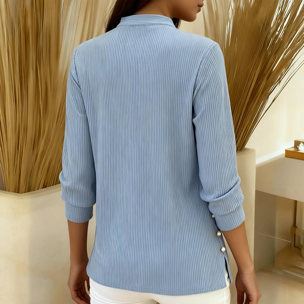 Women's Loose Casual V-neck Button Up Long Sleeved Top
