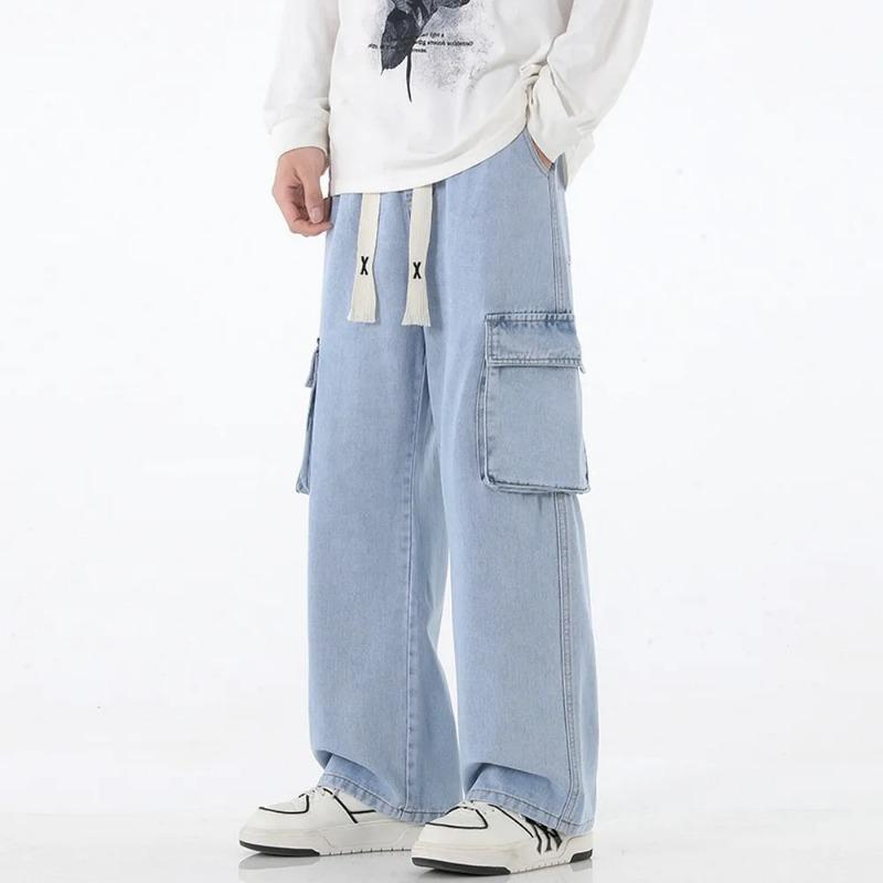 

Винтажные джинсы Y2K с карманами, мешковатые, мужские, уличная одежда в американском стиле, прямые джинсовые брюки карго, однотонные, выстиранные, с эластичной талией, pantalones S синий