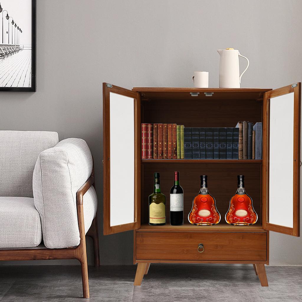 Retro Bamboo Kitchen Sideboard W/ 2 Compartments & 1 Drawer, Multi-Functional Organizer, Reestanding Storage Cabinet, Shoe Rack