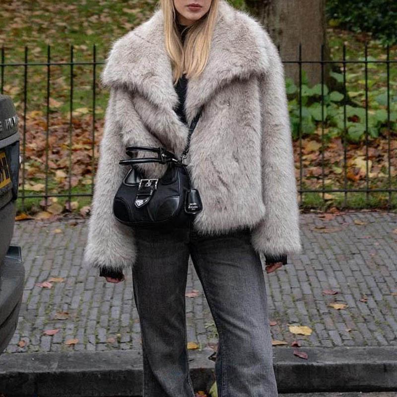 Women Fashion Cropped Faux Fur Jacket Coat Long Sleeve Front Snap-button Female Outerwear Chic Lapel Collar Thick Coat