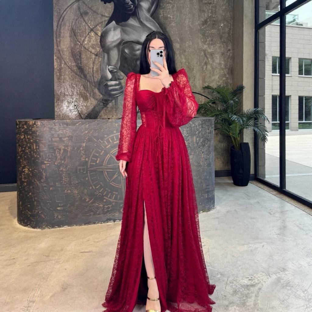 New Lace Waist Cinched Long Sleeve Maxi Dress, Elegant Evening Party Gown, European Style Long Dress for Women