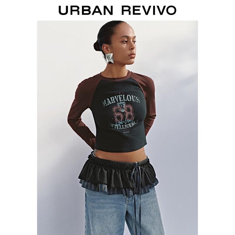 UR 2025 Autumn Women's Retro Print Colorblock Slim T-shirt