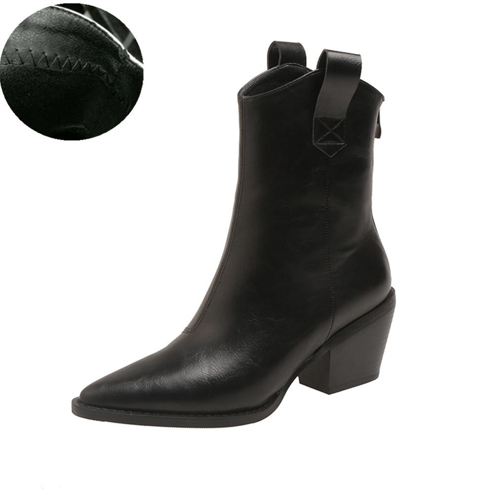 Pointed Toe Western Cowgirl Chelsea Ankle Boots Shoes Women Cossacks Cowboy Boats Wedges Femal Botas Mujer 33-45Black White