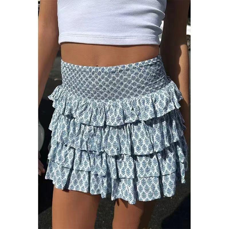 

Summer 2025 New Arrival Leopard Print Mini Ruffled Tiered Dress Sexy High Waist Pleated Skirt Skirt A- Line Skirt Sky Blue M