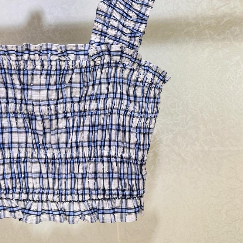 Seaside Blue & White Plaid Beaded Camisole Top + High-Waisted Skirt Set