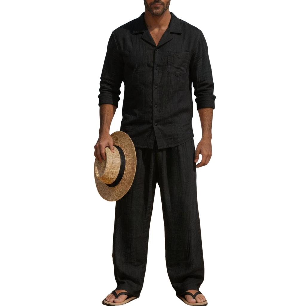 Men's Linen 2-Piece Set Long Sleeve Shirt and Pants Casual Loose Fit Breathable with Pockets