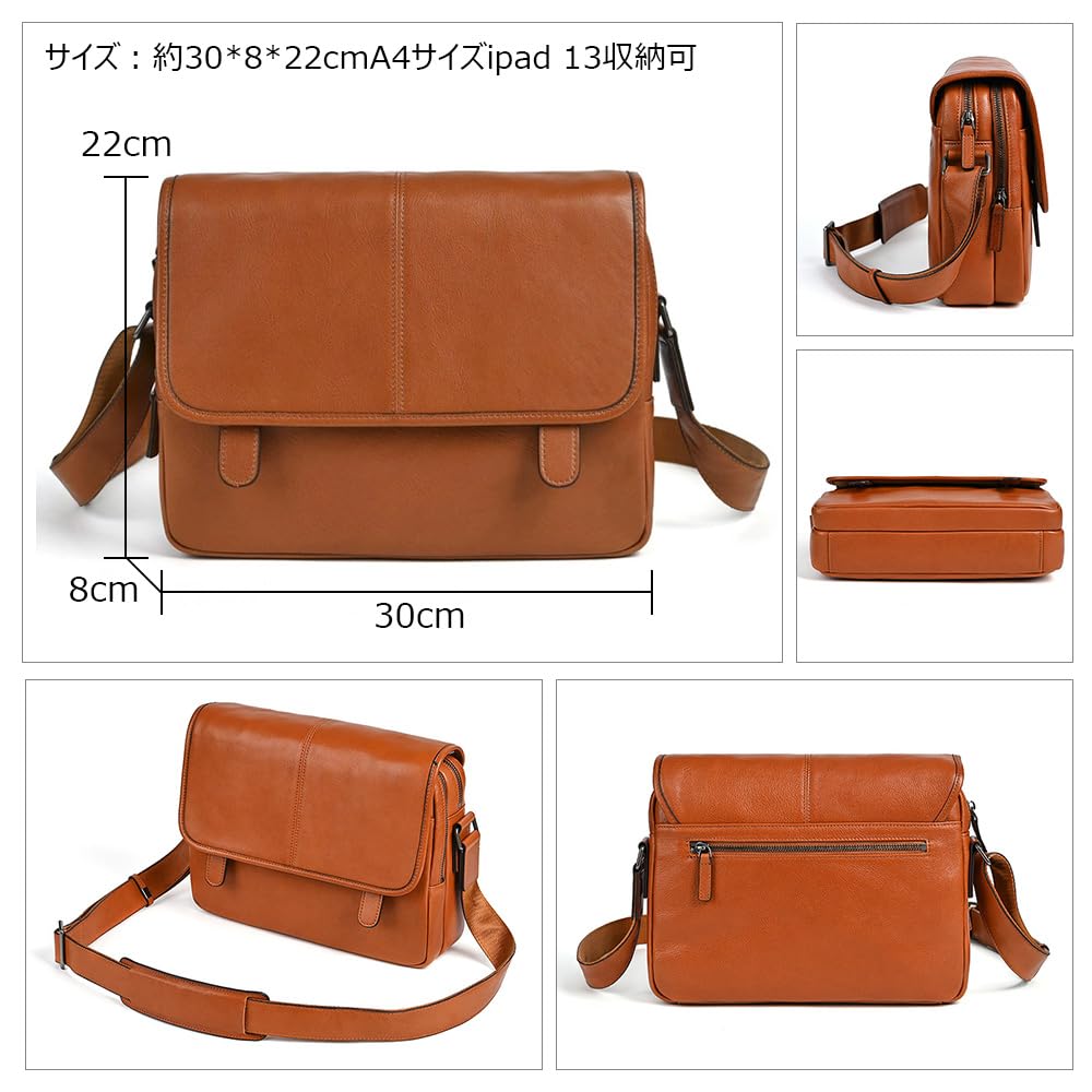 Whatna Antique-Style Tanned Natural Cowhide Leather Shoulder Bag for Men, Crossbody Chest Bag, Fits A4 Size iPad (13-inch), Two-Compartment Divider,