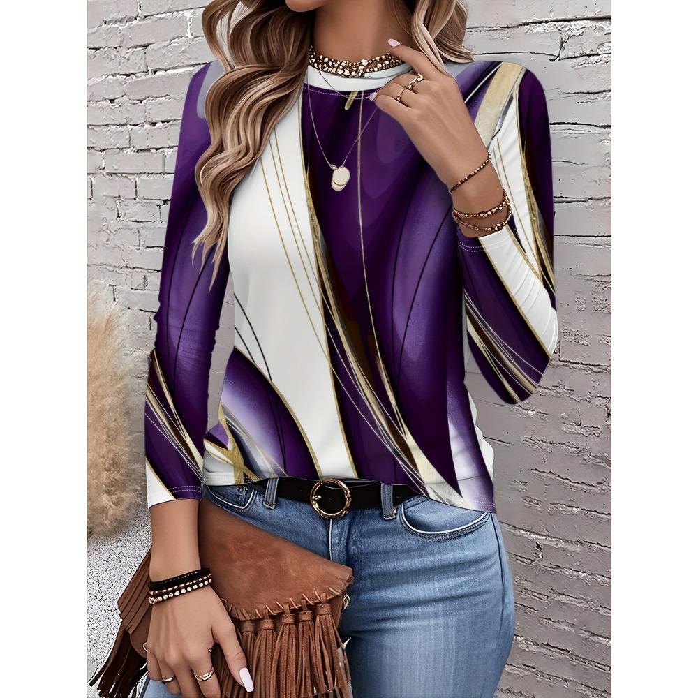 Women's Long-sleeved T-shirt for Autumn, Marble Print, Casual Street Style, Round Neck Pullover, Loose Fit, Outdoor T-shirt.