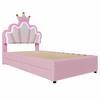 Children's Bed Girls Crown Single Bed with Adjustable Headboard, LED Strip, Slat Base and 2 Drawers, Made of PU Leather  (without Mattress), Pink