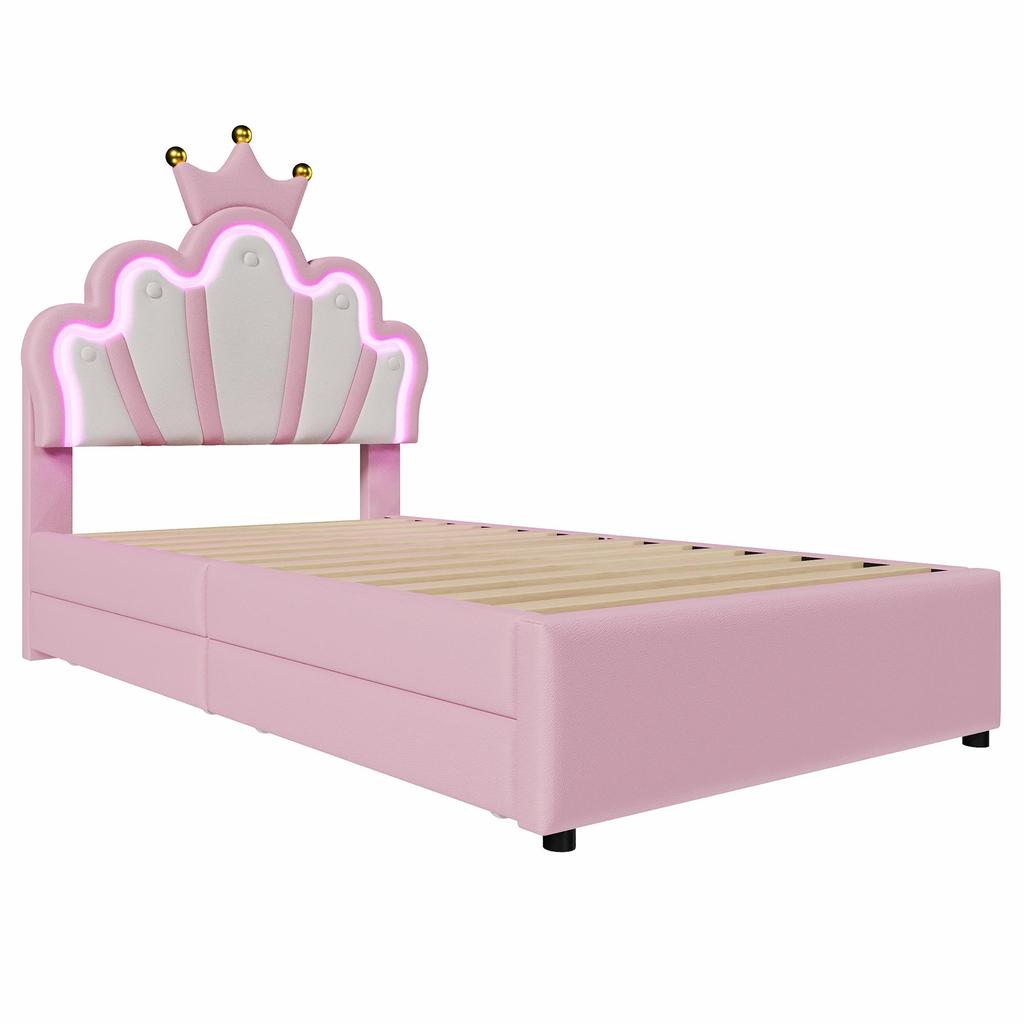 Children's Bed Girls Crown Single Bed with Adjustable Headboard, LED Strip, Slat Base and 2 Drawers, Made of PU Leather  (without Mattress), Pink
