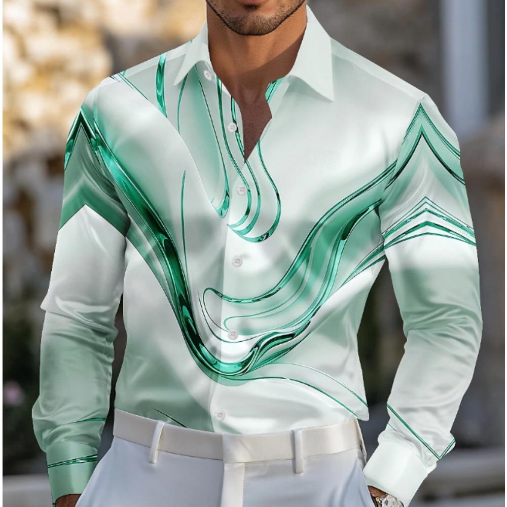 Men's Geometric Line Printed Long Sleeve Shirts Casual Cardigan New Button Holiday Fashion Shirts