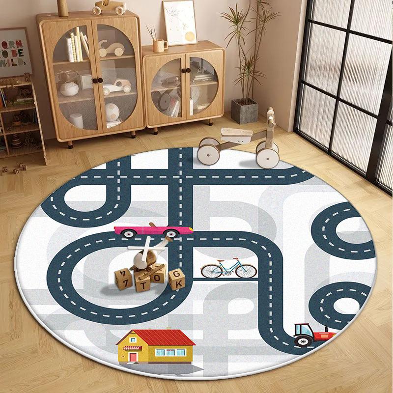 

Children s Round Living Room Carpet Short Velvet Fluffy Soft Bedroom Decoration Rug Cartoon Traffic Road Play Floor Mat Antiskid 60x60cm (Diameter)