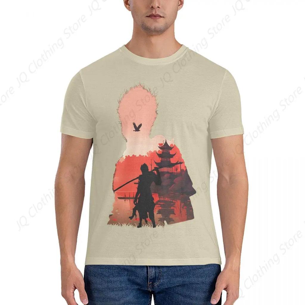 Men Negative Illusion Photographic Print T Shirts Black Myth Wukong Pure Cotton Clothing Cool Short Sleeve Round Neck