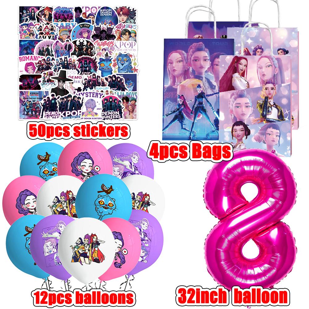 Kpop Demon Hunters Party Supplies Stickers Balloons Party Favors Disposable Tableware Tablecloth Plates Cups Baby Shower Toys