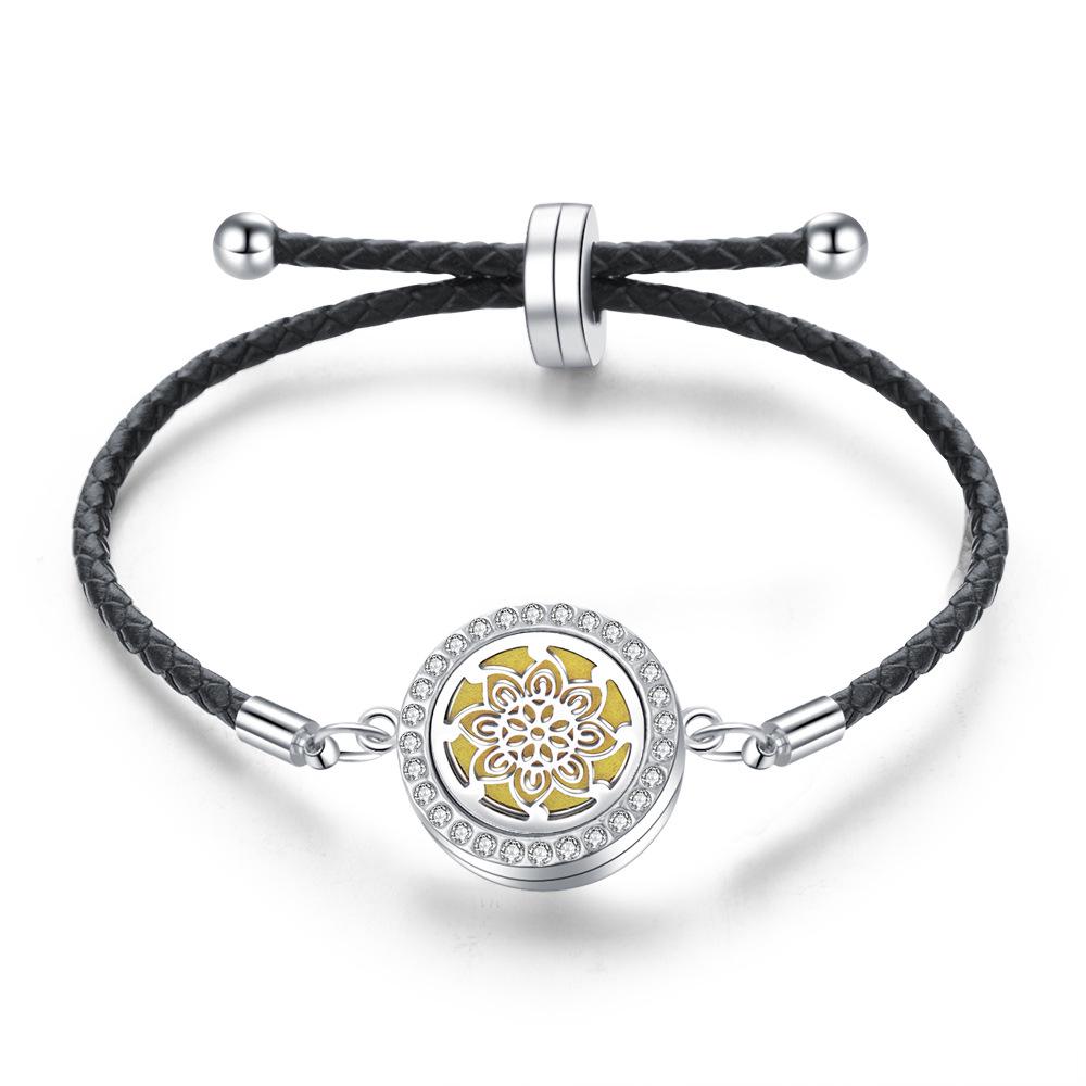 Stainless Steel Tree of Life Aromatherapy Bracelet with Diamonds and Leather Band