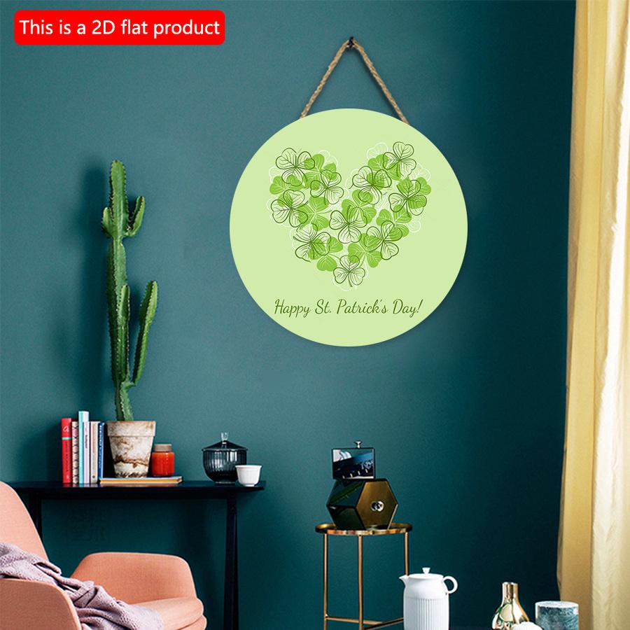 2D Flat 20*20cm1pc St.Patrick's Day Green Three-leaf Love Heart Shape Round Door Pendant, St.Patrick'sDay Simple Style Hanging Wooden Sign Suitable