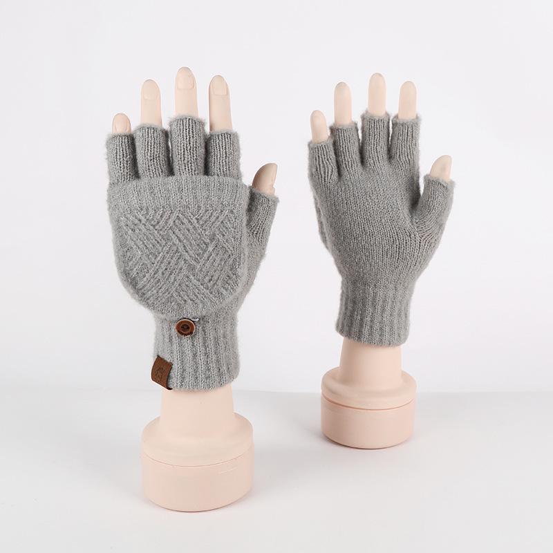 

Knitted Gloves Jacquard Flip Women s Half Finger Outdoor Riding Alpaca Velvet Double layer Warm Gloves