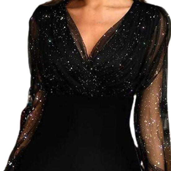Formal Dress Solid Color Sequins Spring Autumn Net Yarn See Through Dress for Wedding