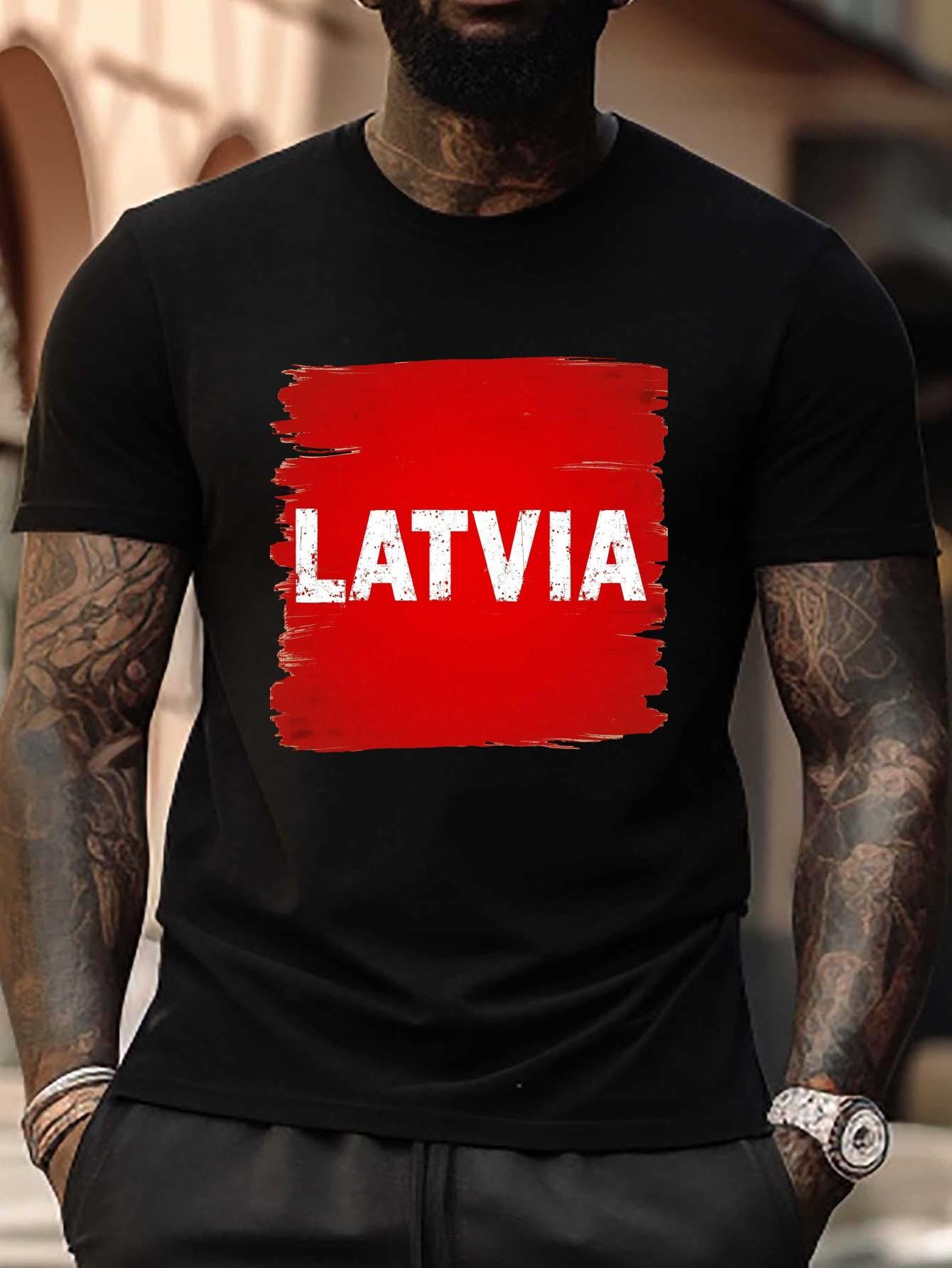 Plus Size T-shirt - Bold Distressed  Latvia  Typography with Red Brush Stroke Graphic XL