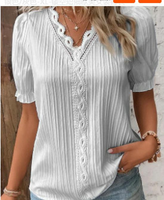 2023 Summer Women's European and American Fashion Hollow Short-Sleeve Shirt