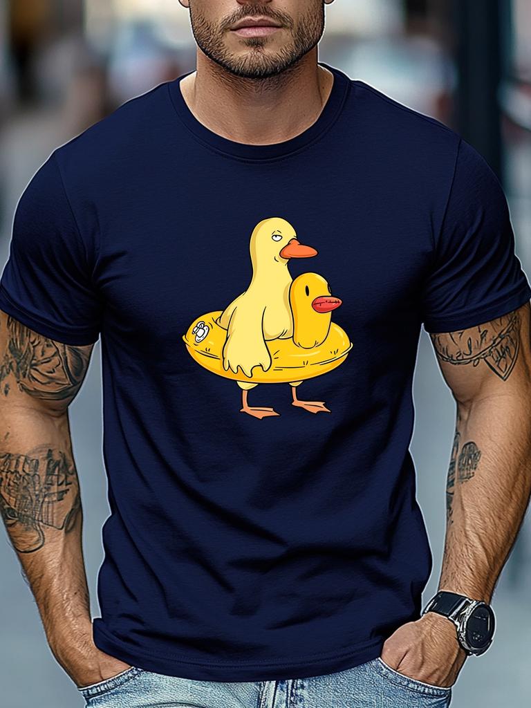 Cartoon Duck With Duck Float Ring Lovely Front Graphic Print Unisexs Crew Neck Short Sleeve Tee Casual Daily Soft Basic Wear Top