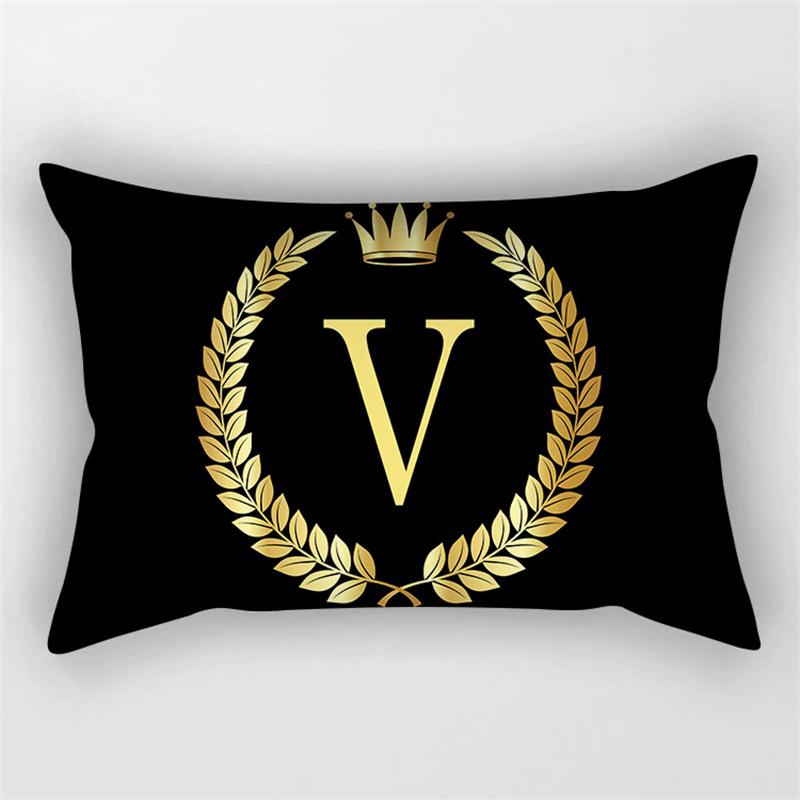 Gold Color Letter Cushion Cover 30x50cm Rectangle Pillow Case Crown Leaves Plant Polyester Black Sofa Pillow Cover Home Decor