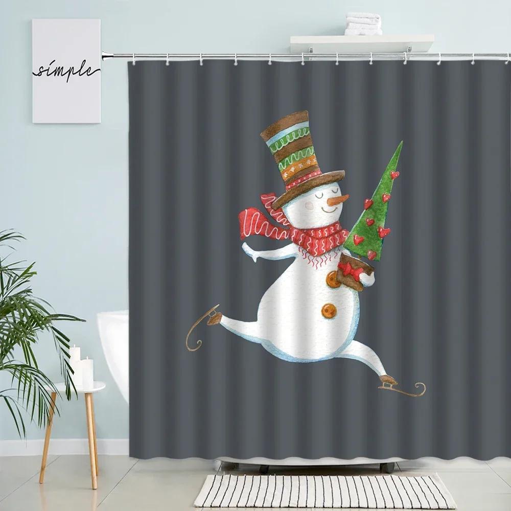 Funny Christmas Snowman Shower Curtains Winter White Forest Cedar Xmas Ball New Year Holiday Decor Bathroom Fabric Bath Curtain