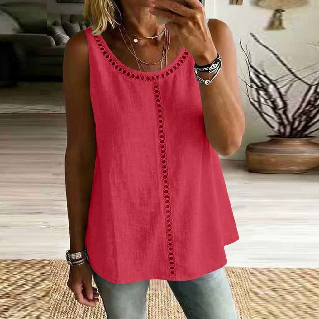 Women Sleeveless Hollow Out Tank Top Loose Fit Casual Solid Color Blouse Summer Lightweight Breathable Tunic Shirt