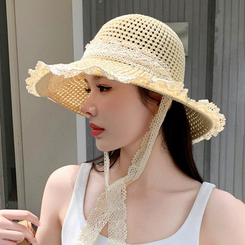Women's Lace-up Straw Hat Wide Brim Beach Hat Foldable Sun Protection Hat