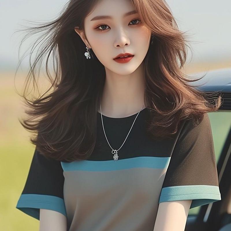 

Women s Summer Black Grey Blue Color Block Crew Neck Short Sleeve M