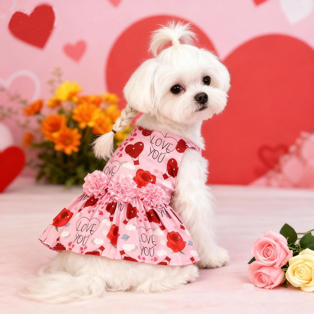 Dog Sleeveless Dress Cat Pet Rose Blossom Cherry Costume Princess Cute Dress Small Medium-sized Dog Valentine's Day Dress Up