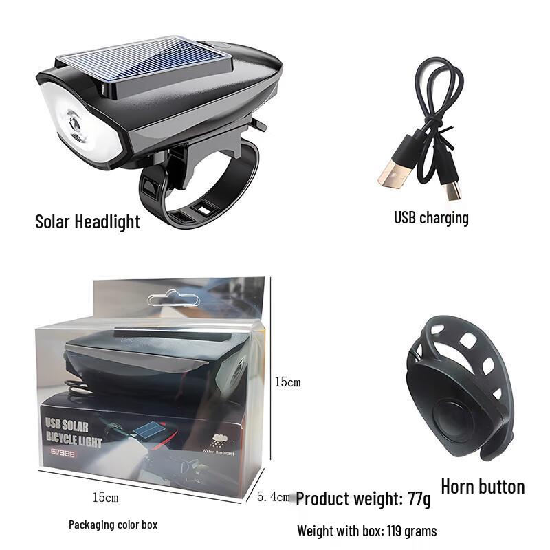ZISIZ Solar-Powered Bicycle Headlight with Horn 10.2x5.7x3.1cm