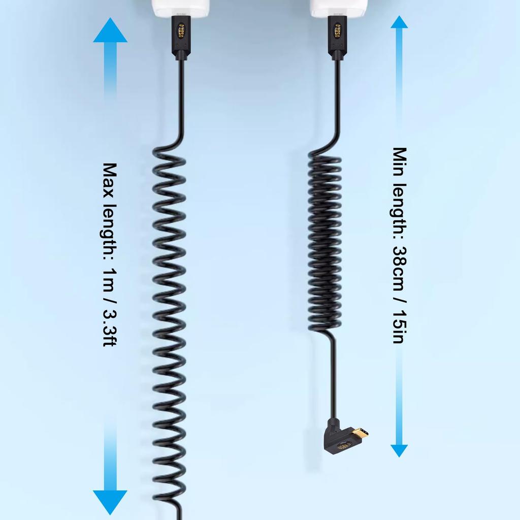 Duttek Right Angle USB C To USB C Coiled Cable for Thunderbolt 3 Right Angle Type C Male To Male Coiled Cable Supports Video and 240W PD Fast 40Gbps,
