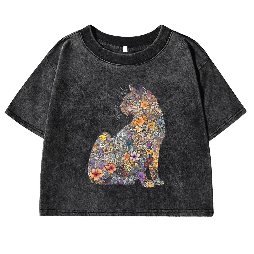 

Футболки с принтом цветов и кошек, выстиранные, женская модная укороченная футболка, уличные футболки, одежда, летняя хлопковая футболка с коротким рукавом XL