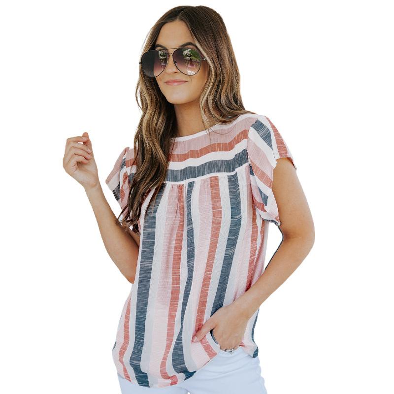 

YYFS женские модные повседневные летние весенние блузки и рубашки с короткими рукавами и круглым вырезом в полоску с принтом XL