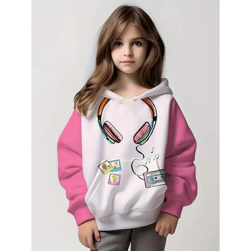 Trendige Cartoon-Kopfhörer-Grafik-Hoodies Spleiß-Pullover Mit Tasche Mädchen