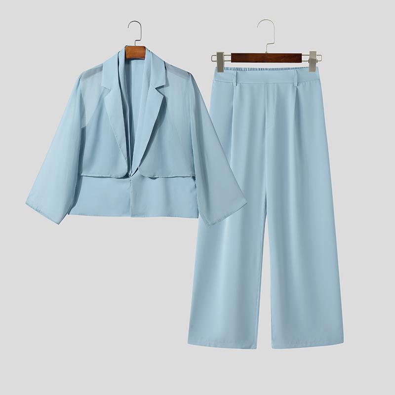 INCERUN Men Sets 3/4 Sleeve Mesh Sheer Layers Tops and Long Pants Casual Suits