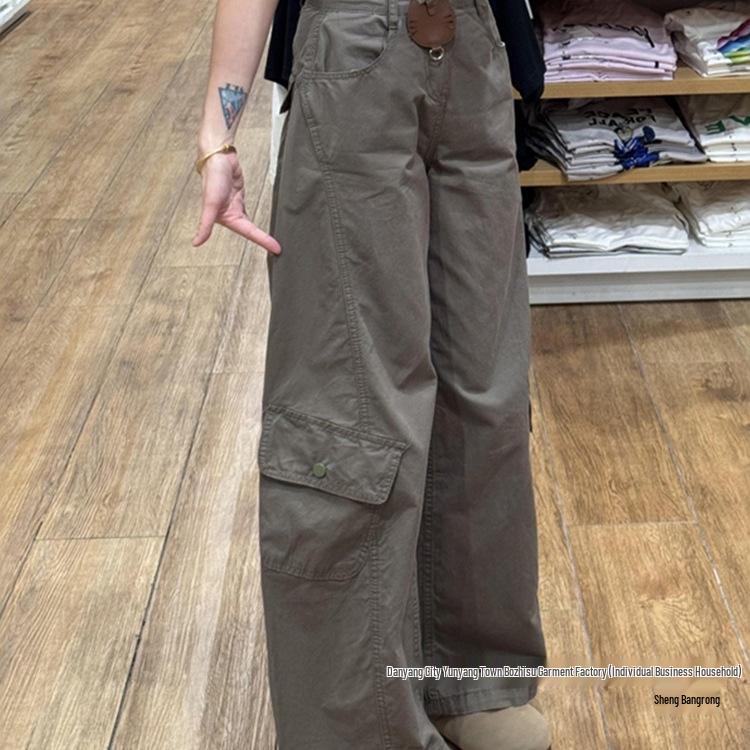 Women's Autumn Military Green Wide-Leg Scimitar Work Pants, Plus Size, Slimming Design, New 2025 Style